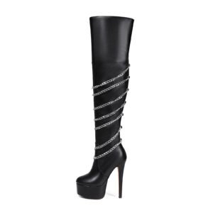 Ladies' Fashionable Black Over The Knee Boots Waterproof Slim High Heels Side Zipper Closure Knee Boots