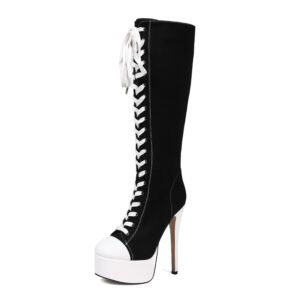 Ladies' Round Toe Lace Up Canvas High Heels Sports Boots Casual Slim High-Heeled Boots