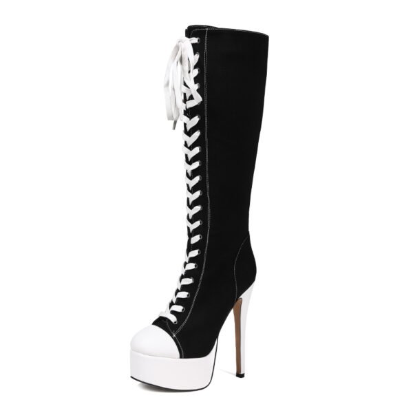 Ladies' Round Toe Lace Up Canvas High Heels Sports Boots Casual Slim High-Heeled Boots