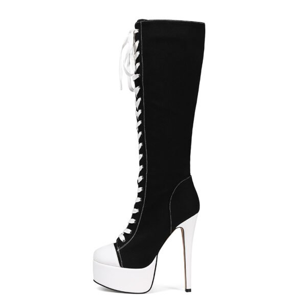 Ladies' Round Toe Lace Up Canvas High Heels Sports Boots Casual Slim High-Heeled Boots - 图片 8