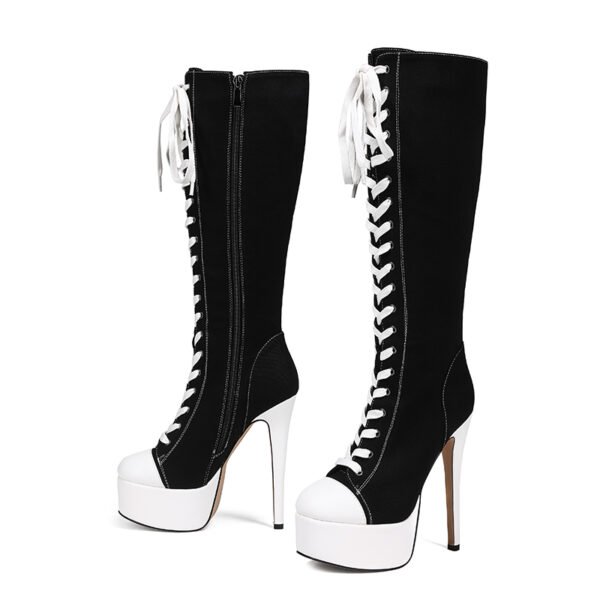 Ladies' Round Toe Lace Up Canvas High Heels Sports Boots Casual Slim High-Heeled Boots - 图片 7