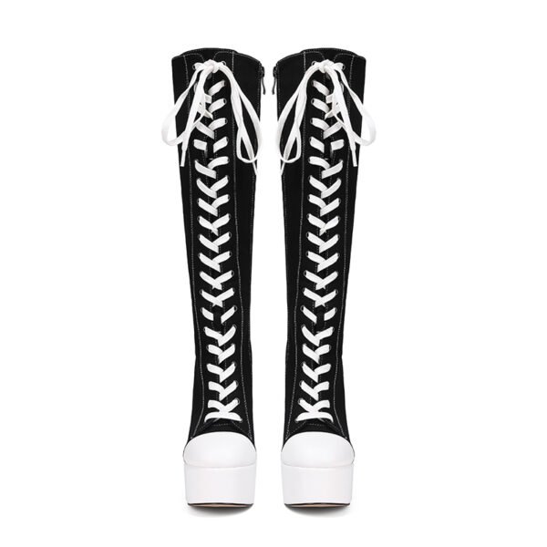 Ladies' Round Toe Lace Up Canvas High Heels Sports Boots Casual Slim High-Heeled Boots - 图片 6