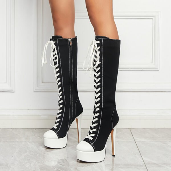 Ladies' Round Toe Lace Up Canvas High Heels Sports Boots Casual Slim High-Heeled Boots - 图片 5