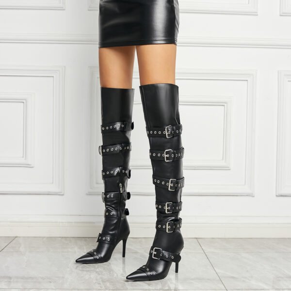 Ladies' Buckle Details Long Knee High Boots Side Zipper Poined Head Thin Heel Boots - 图片 2