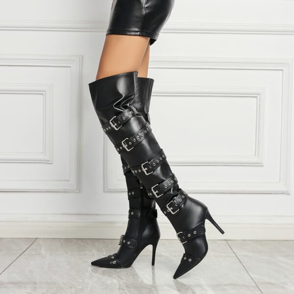 Ladies' Buckle Details Long Knee High Boots Side Zipper Poined Head Thin Heel Boots - 图片 10
