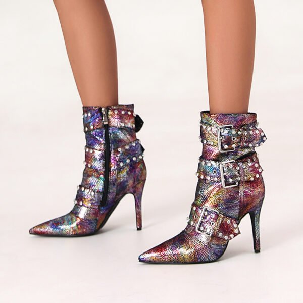 Ladies' Fashion Serpentine Pattern Short Boots Shining Water Diamond Fine High Heels Pointed High Heels Short Boots - 图片 2