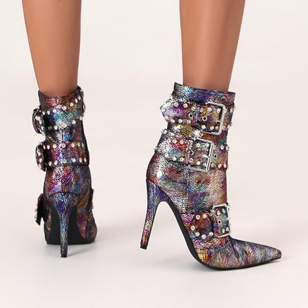 Ladies' Fashion Serpentine Pattern Short Boots Shining Water Diamond Fine High Heels Pointed High Heels Short Boots - 图片 3