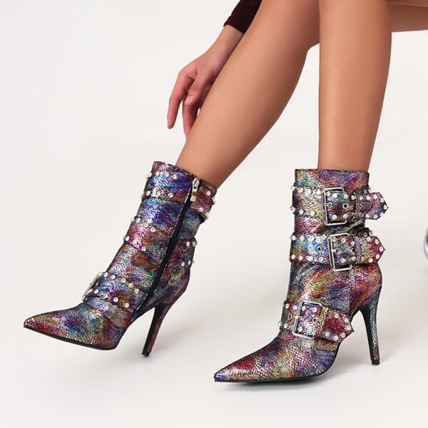 Ladies' Fashion Serpentine Pattern Short Boots Shining Water Diamond Fine High Heels Pointed High Heels Short Boots - 图片 4