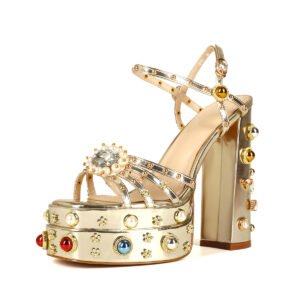 Retro Printed Thick Soled Sandals Exposed Heels Elegant Party Banquet Shoes Ankle Buckle Artificial Pearl Decoration Thick Heeled Shoes