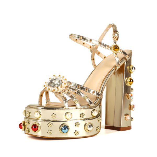 Retro Printed Thick Soled Sandals Exposed Heels Elegant Party Banquet Shoes Ankle Buckle Artificial Pearl Decoration Thick Heeled Shoes