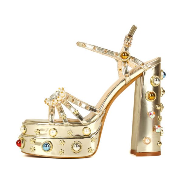 Retro Printed Thick Soled Sandals Exposed Heels Elegant Party Banquet Shoes Ankle Buckle Artificial Pearl Decoration Thick Heeled Shoes - 图片 4
