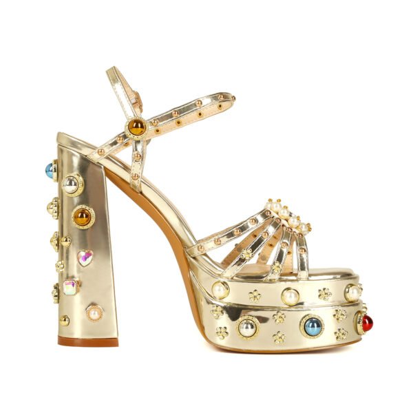 Retro Printed Thick Soled Sandals Exposed Heels Elegant Party Banquet Shoes Ankle Buckle Artificial Pearl Decoration Thick Heeled Shoes - 图片 5