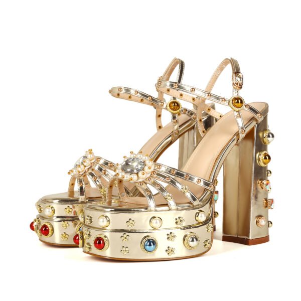 Retro Printed Thick Soled Sandals Exposed Heels Elegant Party Banquet Shoes Ankle Buckle Artificial Pearl Decoration Thick Heeled Shoes - 图片 6