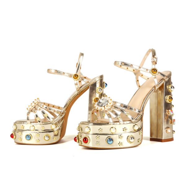 Retro Printed Thick Soled Sandals Exposed Heels Elegant Party Banquet Shoes Ankle Buckle Artificial Pearl Decoration Thick Heeled Shoes - 图片 7