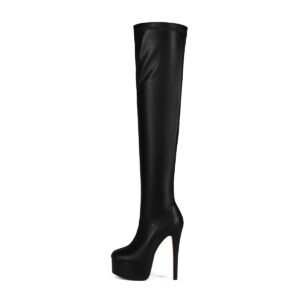 Black Slim High-Heeled Boots Round Toe Back Zipper Imitation Leather Surface Women's Fashionable High-Heeled Formal Shoes