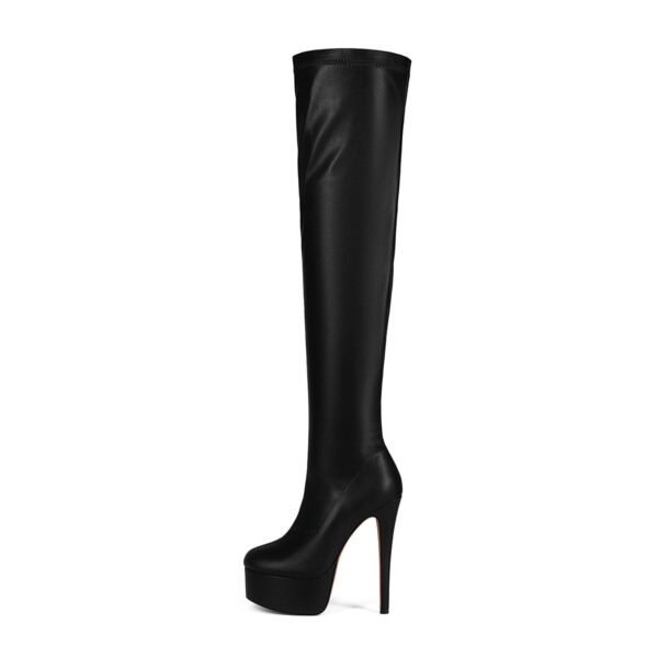 Black Slim High-Heeled Boots Round Toe Back Zipper Imitation Leather Surface Women's Fashionable High-Heeled Formal Shoes