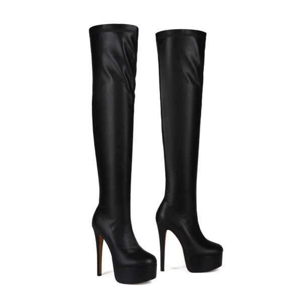 Black Slim High-Heeled Boots Round Toe Back Zipper Imitation Leather Surface Women's Fashionable High-Heeled Formal Shoes - 图片 8