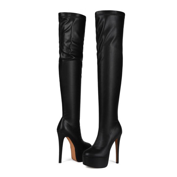 Black Slim High-Heeled Boots Round Toe Back Zipper Imitation Leather Surface Women's Fashionable High-Heeled Formal Shoes - 图片 7