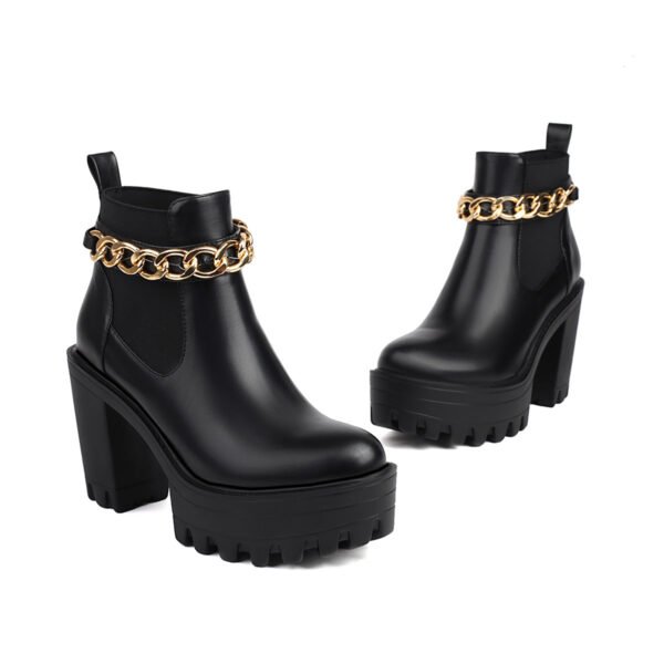 Ladies' Fashionable Thick High-Heeled Ankle Boots Round Toe Faux Leather Thick Soled Boots - 图片 2