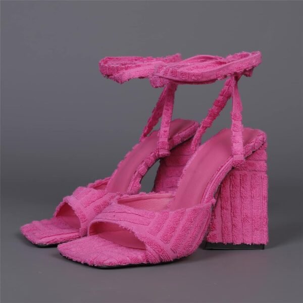 Ladies' Fashion Striped Open Toed High-Heeled Sandals Lace Up Design Featuring Fake Panels Fabric High Heels - 图片 2