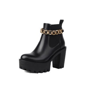 Ladies' Fashionable Thick High-Heeled Ankle Boots Round Toe Faux Leather Thick Soled Boots