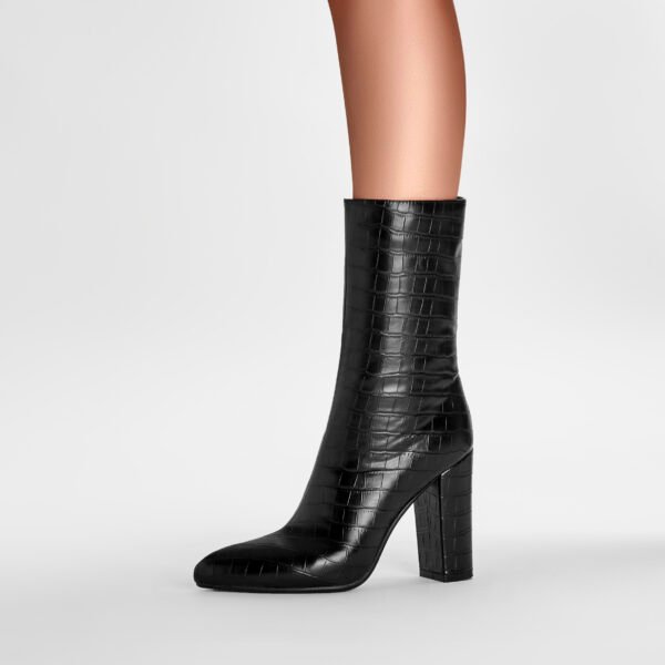 Fashionable Women's Mid Length Boots Stone Pattern Pointed Toe Thick Heel Imitation Leather Side Zipper Closure Boots - 图片 4