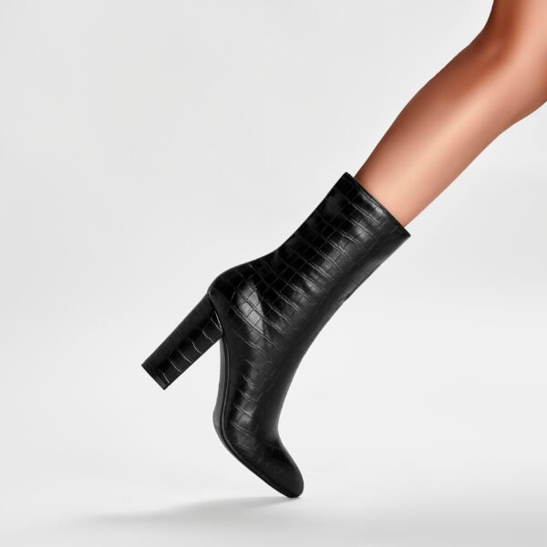 Fashionable Women's Mid Length Boots Stone Pattern Pointed Toe Thick Heel Imitation Leather Side Zipper Closure Boots - 图片 5