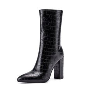 Fashionable Women's Mid Length Boots Stone Pattern Pointed Toe Thick Heel Imitation Leather Side Zipper Closure Boots
