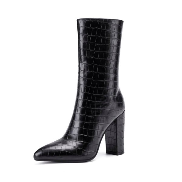 Fashionable Women's Mid Length Boots Stone Pattern Pointed Toe Thick Heel Imitation Leather Side Zipper Closure Boots