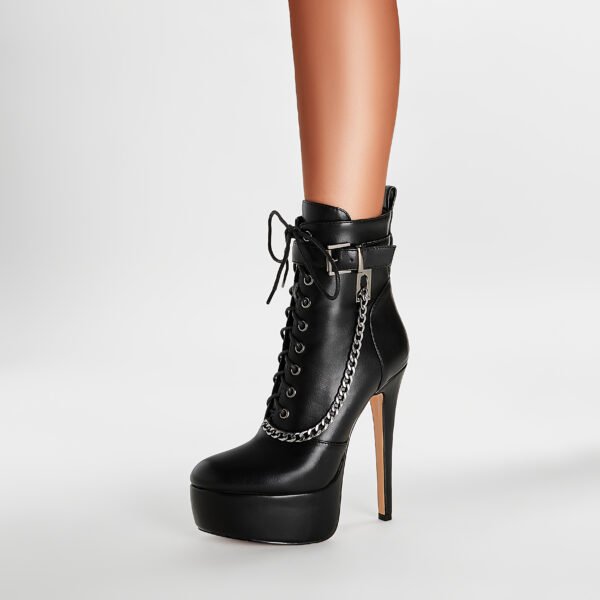 Women's High-Heeled Ankle Boots Round Toe Lmitation Leather Surface Side Chain Thick Soled Shoes - 图片 2