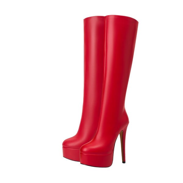 Elegant Women's Pure Red Knee High Boots Pointed Heel Round Head Zipper Closure Fashionable High Heels Winter Shoes - 图片 10