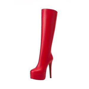 Elegant Women's Pure Red Knee High Boots Pointed Heel Round Head Zipper Closure Fashionable High Heels Winter Shoes