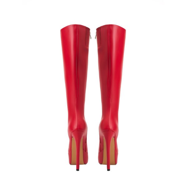 Elegant Women's Pure Red Knee High Boots Pointed Heel Round Head Zipper Closure Fashionable High Heels Winter Shoes - 图片 7