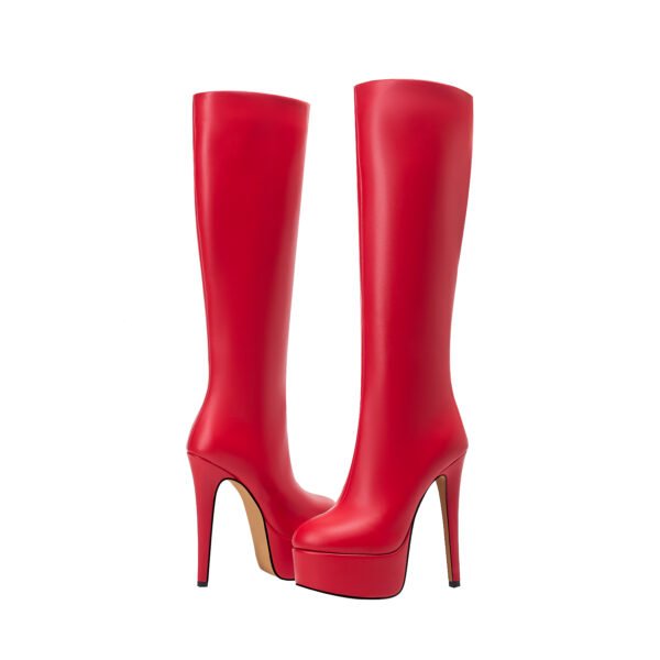 Elegant Women's Pure Red Knee High Boots Pointed Heel Round Head Zipper Closure Fashionable High Heels Winter Shoes - 图片 2