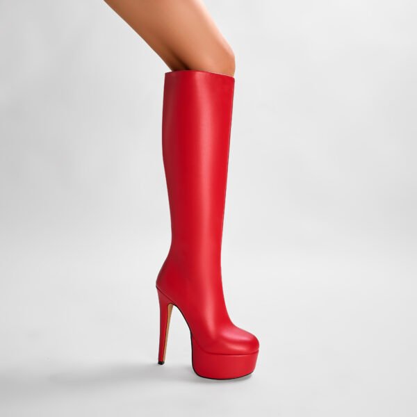 Elegant Women's Pure Red Knee High Boots Pointed Heel Round Head Zipper Closure Fashionable High Heels Winter Shoes - 图片 6