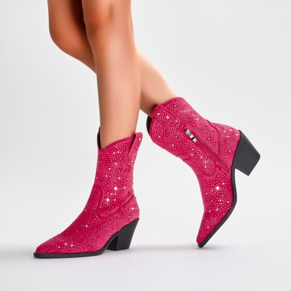 Women's Rhinestone Decorated Western Boots Side Zippers Pointed Calves Thick Heels Sparkling Dance Formal Shoes - 图片 2