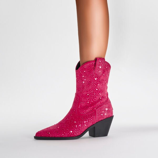 Women's Rhinestone Decorated Western Boots Side Zippers Pointed Calves Thick Heels Sparkling Dance Formal Shoes - 图片 3