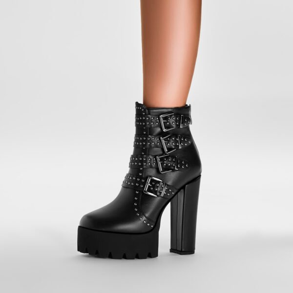 Fashion Punk Style Women's Thick Heeled Short Boots Round Toe Design Wearing Short Boots - 图片 2
