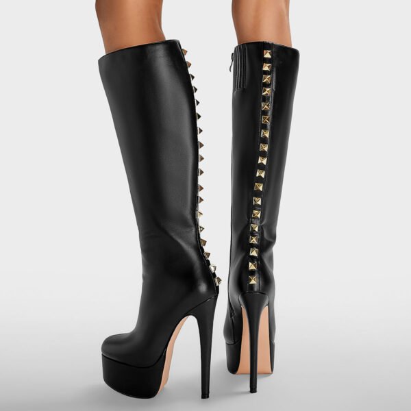 Black Slim High-Heeled Boots Women's Fashionable Round Toe Side Zipper Imitation Gear Leather High Heels - 图片 2