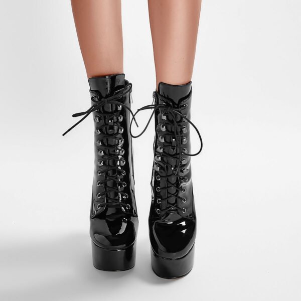 Fashionable Women's Slim High-Heeled Ankle Boots Lace Up Round Toe Imitation Leather Surface Paired Thick Soled High-Heeled Boots - 图片 3