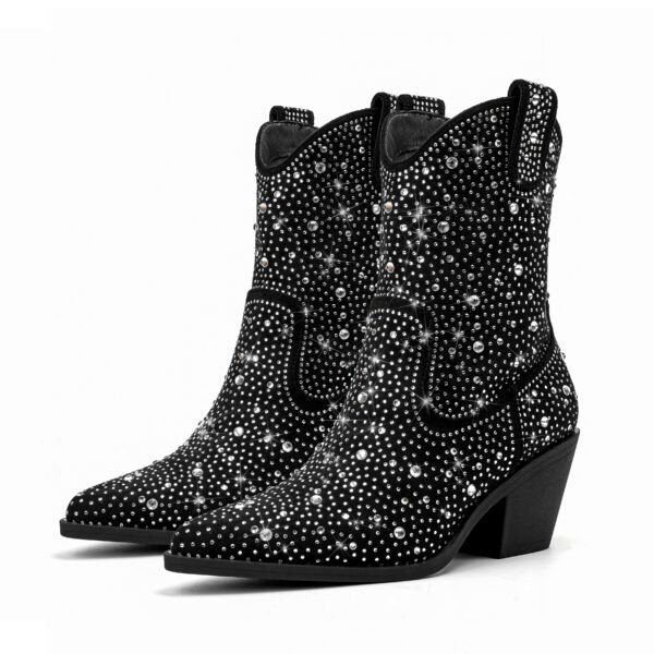 Women's rhinestone decorative boots  soft sole thick heel sequins pointed toe casual party show boots - 图片 6