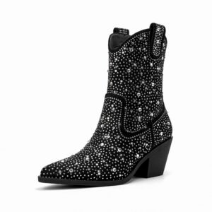 Women's rhinestone decorative boots  soft sole thick heel sequins pointed toe casual party show boots