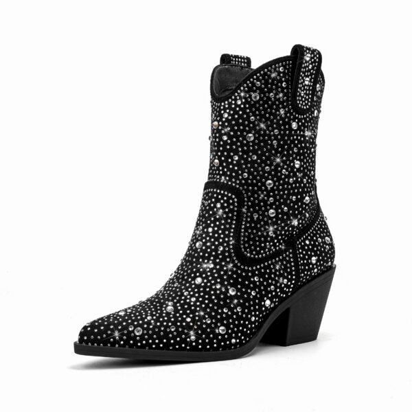 Women's rhinestone decorative boots  soft sole thick heel sequins pointed toe casual party show boots