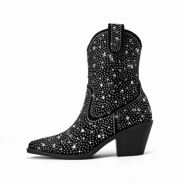 Women's rhinestone decorative boots  soft sole thick heel sequins pointed toe casual party show boots - 图片 4