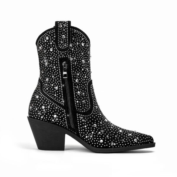Women's rhinestone decorative boots  soft sole thick heel sequins pointed toe casual party show boots - 图片 3