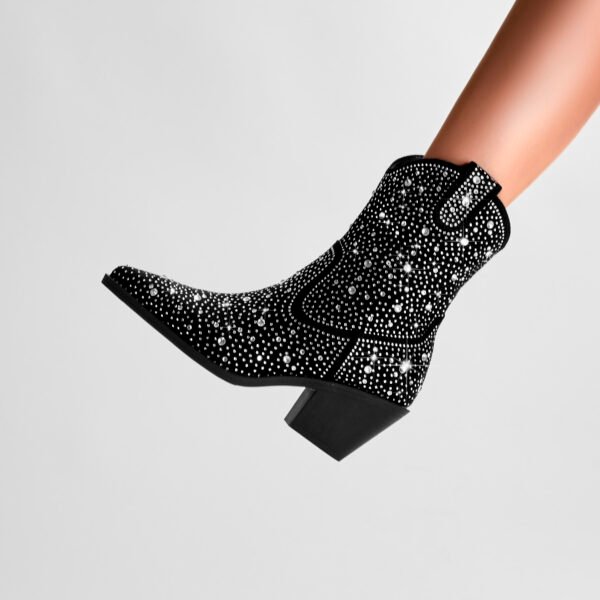 Women's rhinestone decorative boots  soft sole thick heel sequins pointed toe casual party show boots - 图片 7