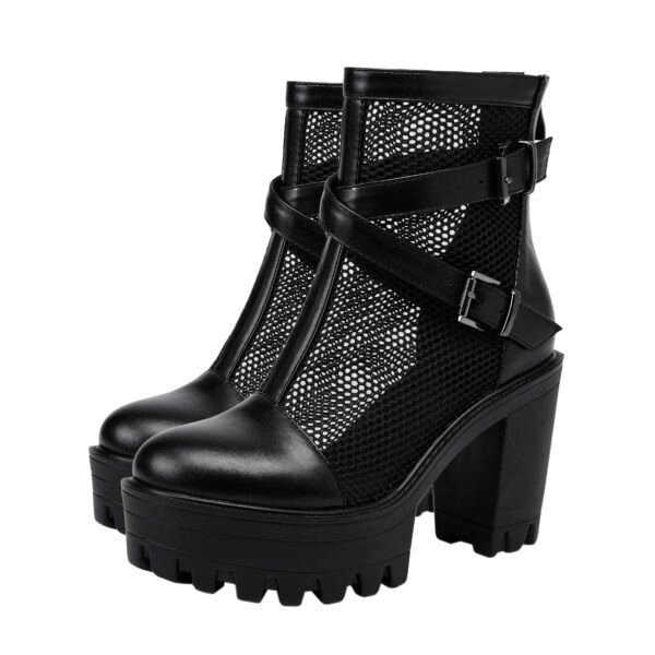Women's Mesh High Heels Round Toe Lace Up Sports Boots Casual Thick High Heels - 图片 8
