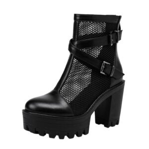 Women's Mesh High Heels Round Toe Lace Up Sports Boots Casual Thick High Heels