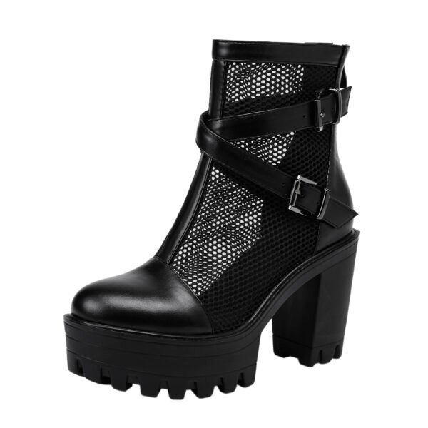 Women's Mesh High Heels Round Toe Lace Up Sports Boots Casual Thick High Heels