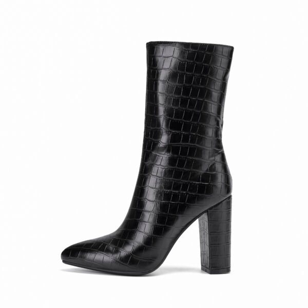 Fashionable Women's Mid Length Boots Stone Pattern Pointed Toe Thick Heel Imitation Leather Side Zipper Closure Boots - 图片 7